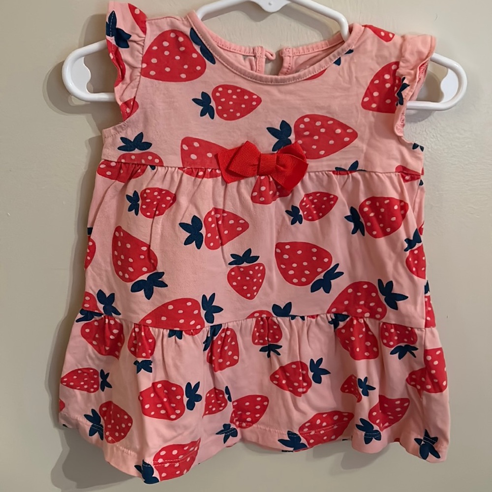 Carter's pink shirt w/ strawberries, red bow, ruffles, 6-9M